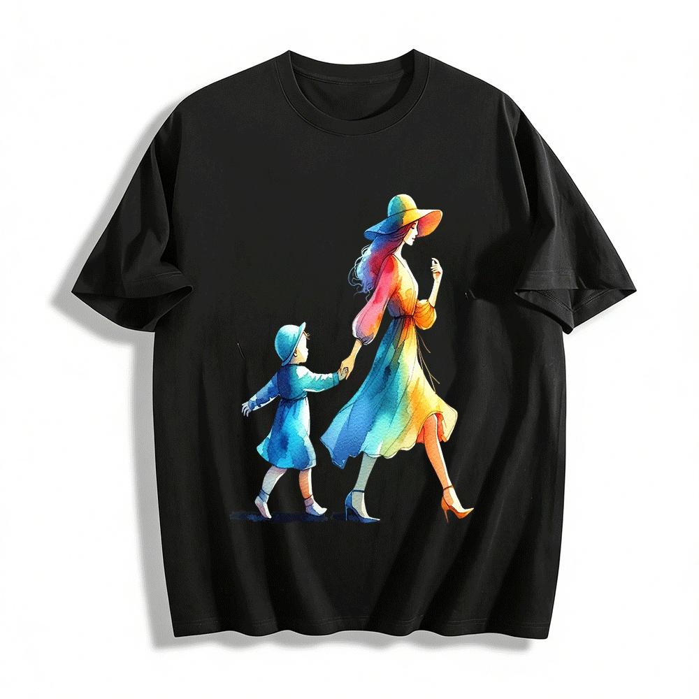 

Watercolor Mother Child Holding Hands Print Casual Top Pure cotton T-shirt XXS