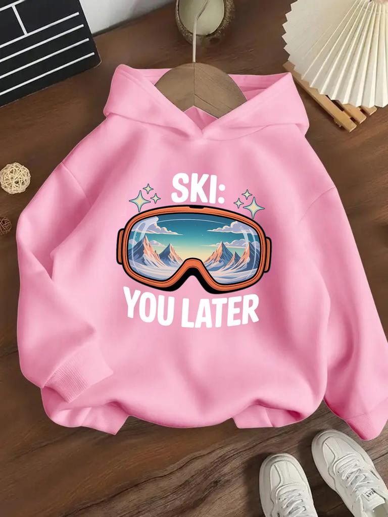 Kışlık Sıcak ve Polar Astarlı, Rüzgar Geçirmez, Erkek ve Kız Çocukları İçin Kayak Gözlüğü Baskılı Kapüşonlu Sweatshirt, Kalın Outdoor Spor Üstü