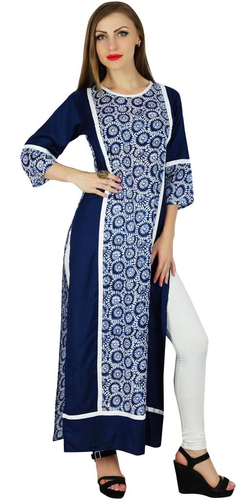 Bimba Women Blue Rayon Long Straight Kurta Pannel Kurti Formal Ethnic Blouse