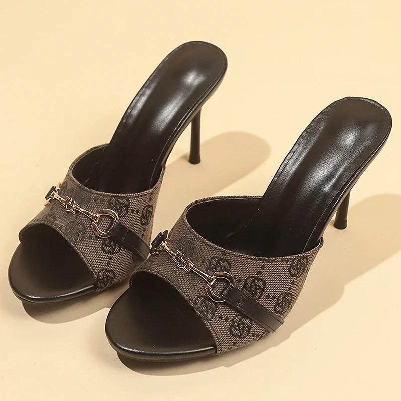 Fashion Elegant Metal Buckle High Heels Slippers Women Brand Design Printed Thin Heeled Sandals Woman Fashion Dress Party Shoes Size 42