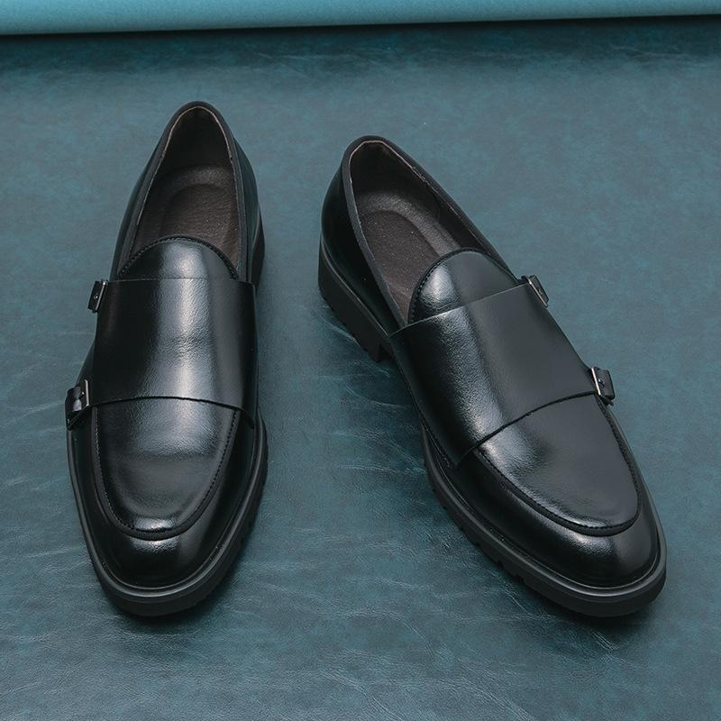 2025 Large Size Business Munk Shoes Men's Solid Color Platform Dress Leather Shoes Korean Version Office Loafers