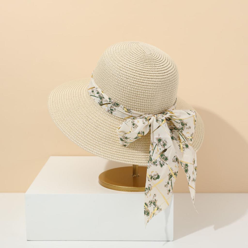 Bow straw hat fashion streamer casual woven straw hat travel sun protection seaside big eaves hat sun hat