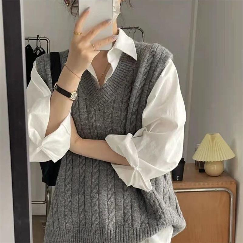 Gilet Retro a Maglia Intrecciata Stile Coreano Taglie Forti Moda Donna Stile Preppy Ampio Versatile Gilet di Lana Primavera Autunno