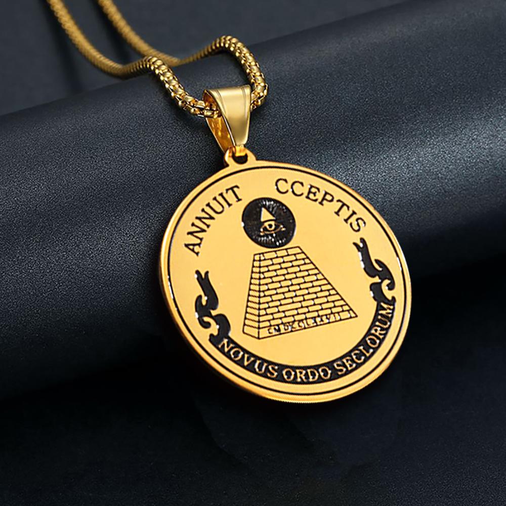 

Punk Fashion All Seeing Eye of Providence Coin Pendants Gold Color Stainless Steel Round Necklaces For Women Men Jewelry Gift 60cm
