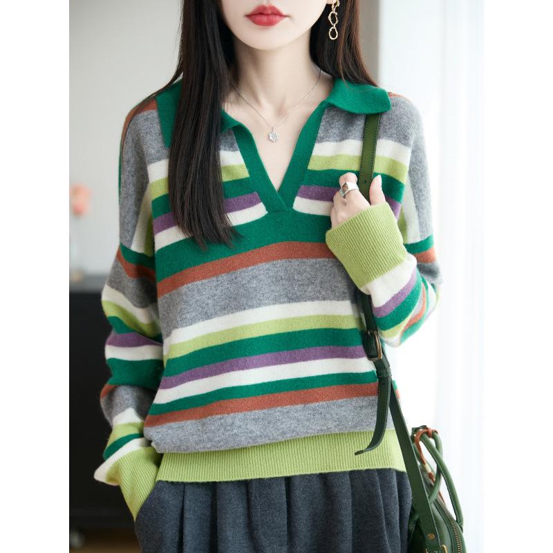 Women's Rainbow Striped Polo Collar Wool Sweater - Stylish, Slimming, Autumn/Winter Loose Fit