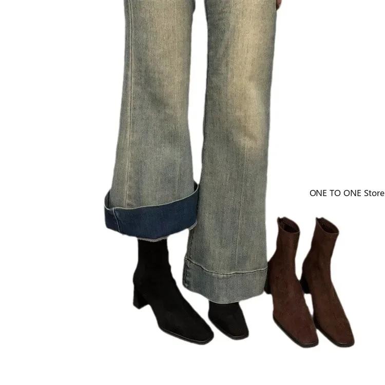 Moda Wysokie Obcasy Kobiety Śnieg Botki Zamsz Kwadratowy Nosek Buty Zima Projektant Chelsea Boots Trend 2025 Goth Gladiator Botas De Mujer