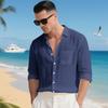 Men's Solid Color Loose-Fit Linen Long-Sleeved Collared Shirt Cardigan