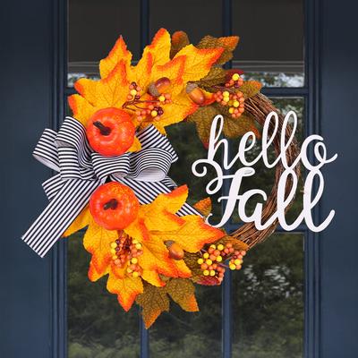 1 Pc HELLO FALL Front Door Hanging Wreath, Harvest Festival Decor Wreath, Pumpkin and Maple Leaves Decor Garland, Decoratibe Flowers Wreath