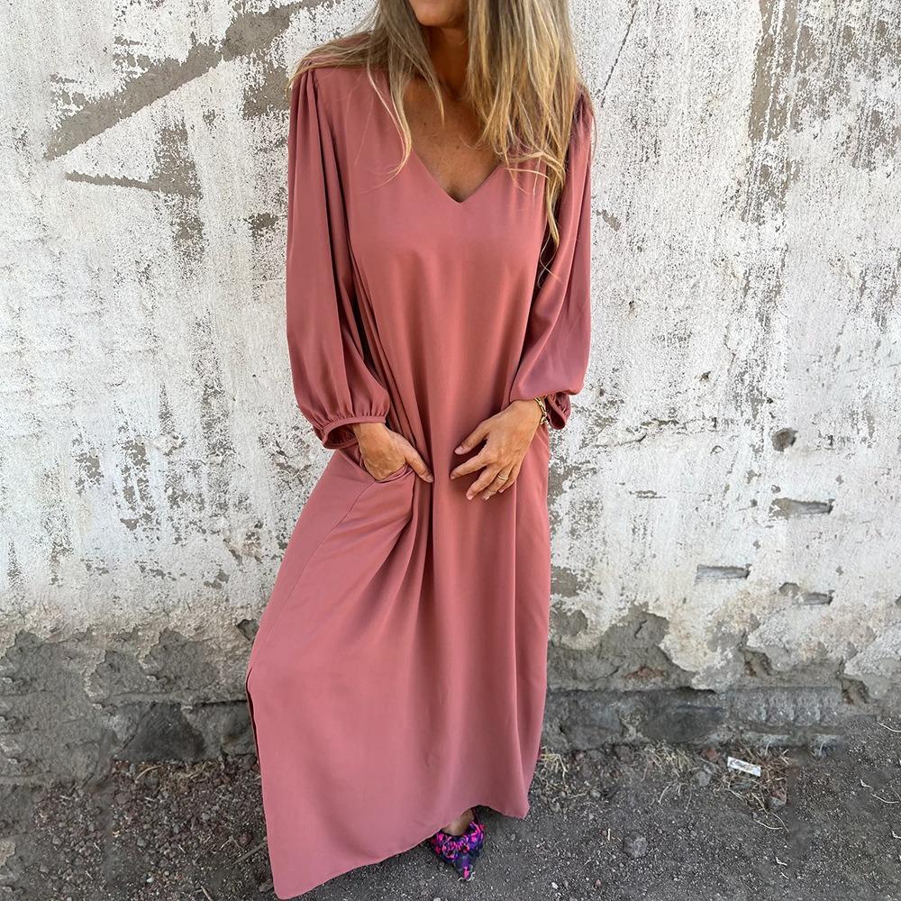 Spring and Autumn Casual Loose V-neck Solid Color Women's Lantern Sleeve Dress