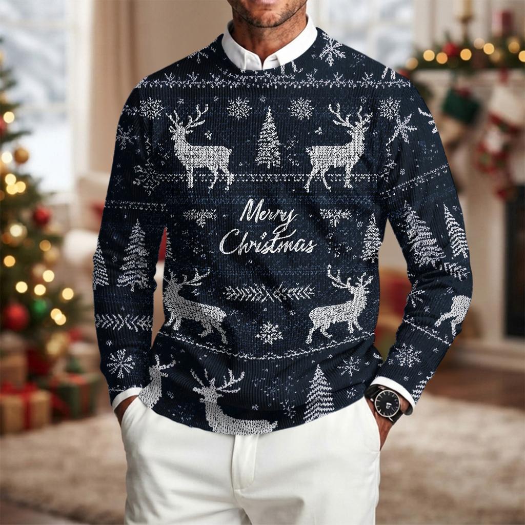 Men's Long Sleeve Crewneck Ribbed Knit Pullover Sweater with Christmas Holiday Print Casual Winter Top