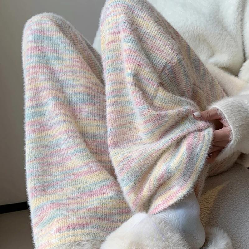 

Y2K трикотажные брюки с начесом, женские широкие брюки с высокой талией, женский повседневный трикотаж, осень-зима, корейская уличная одежда