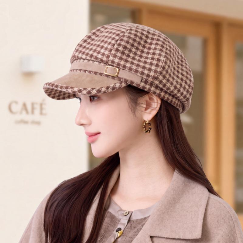 New British style retro plaid octagonal hat female small fragrant style show face small newsboy hat autumn and winter fashion hat