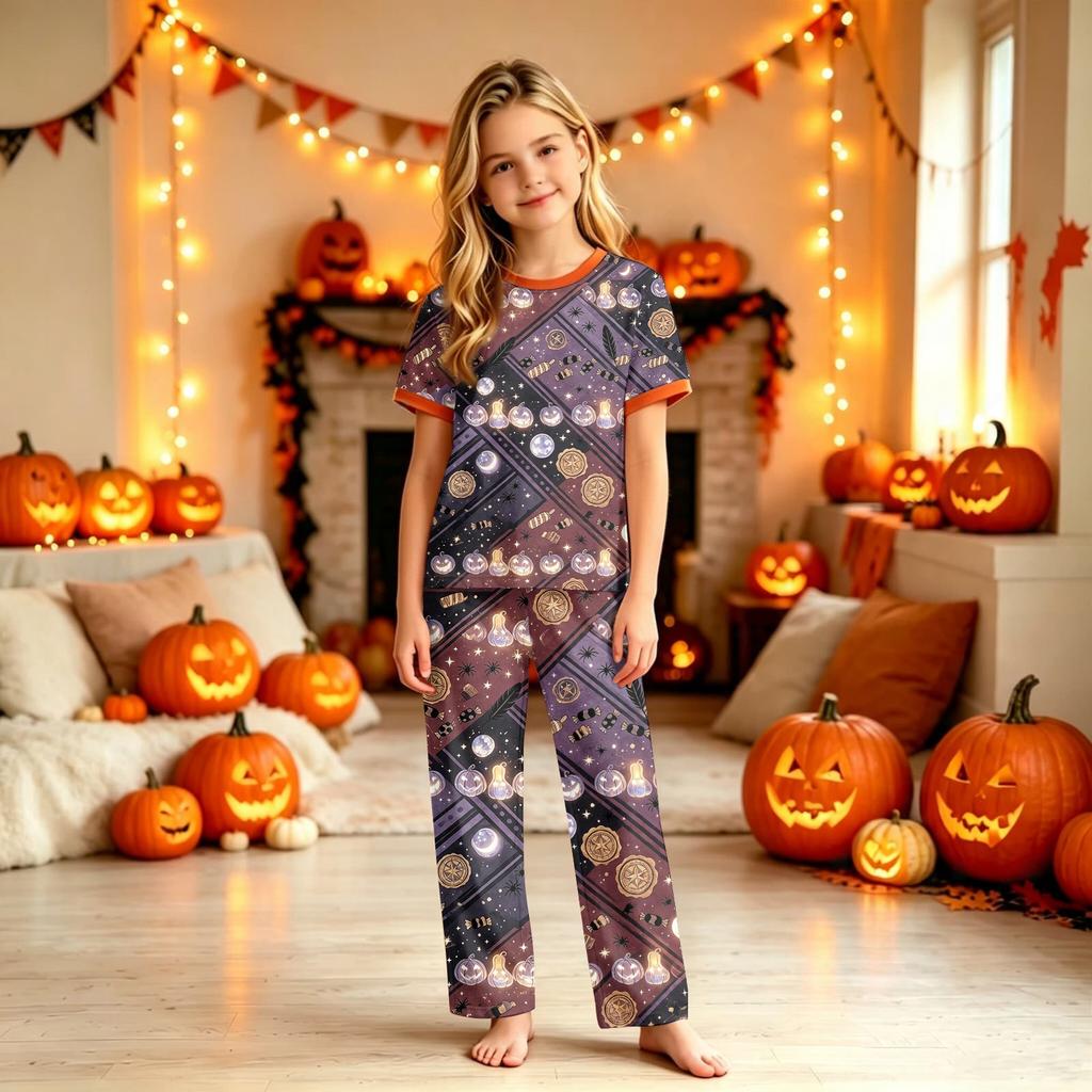Family Matching Halloween Print Pajama Set with Short Sleeve Top and Pants for Parent and Child
