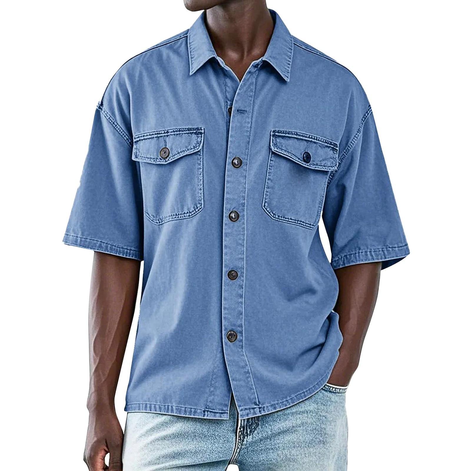 

Мужская летняя однотонная рубашка с лацканами и короткими рукавами, мужская повседневная модная рубашка с короткими рукавами XXXL синий