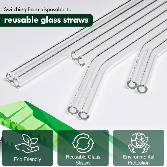 12 Pcs Reble Glass Straws - Size 10.5"x8mm,8.5"x8mm,Including 6 Straight and 6 Bent Clear Glass Straws with 2 Cleaning Brush for for Smoothies,