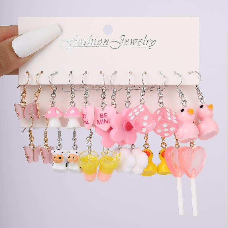 Sweet Pink Cartoon Duck Earrings Set Cute Romantic Animal Butterfly Heart Dangle Earrings for Women Girls Trendy Jewelry Gift