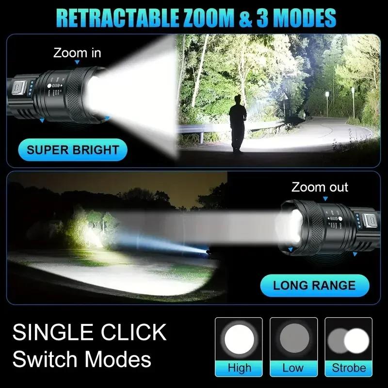 High Strong Power Led Flashlights Rechargeable Tactical Torch Safety Emergency Light for Outdoor Camping Fishing Working Zoom