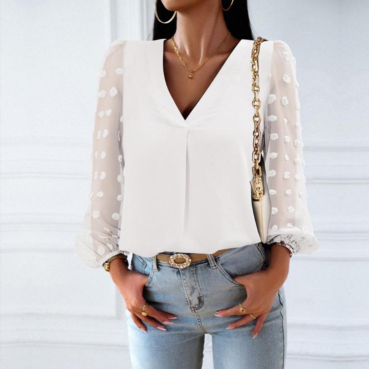 Elegantní podzimní ležérní dámská halenka s dlouhým rukávem, výstřihem do V, jednobarevná, volná, pro dojíždění