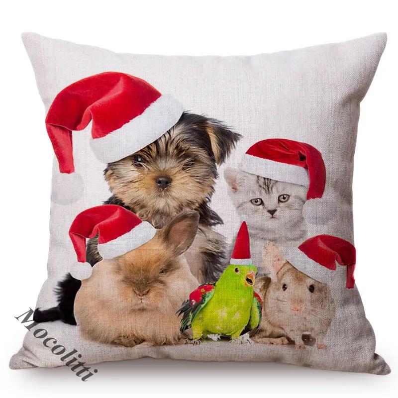Christmas Sofa Decoration Cushion Cover Cute Pet Dog Animal Wear Red Christmas Hat Lovely Cat Print Throw Pillow Case Cojines