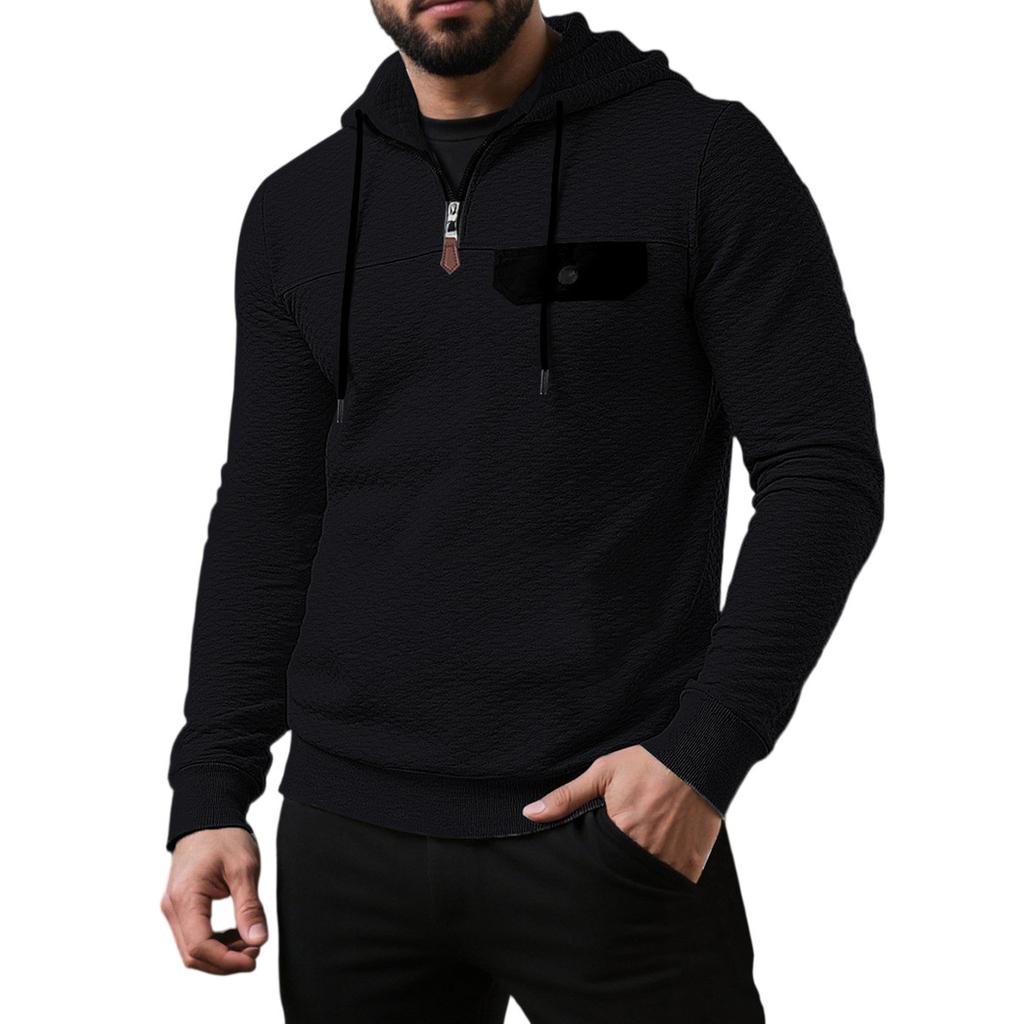 Men's Solid Color Plaid Hooded Sweatshirt Men's Casual Pocket Half Zipper Hooded Sweatshirt
