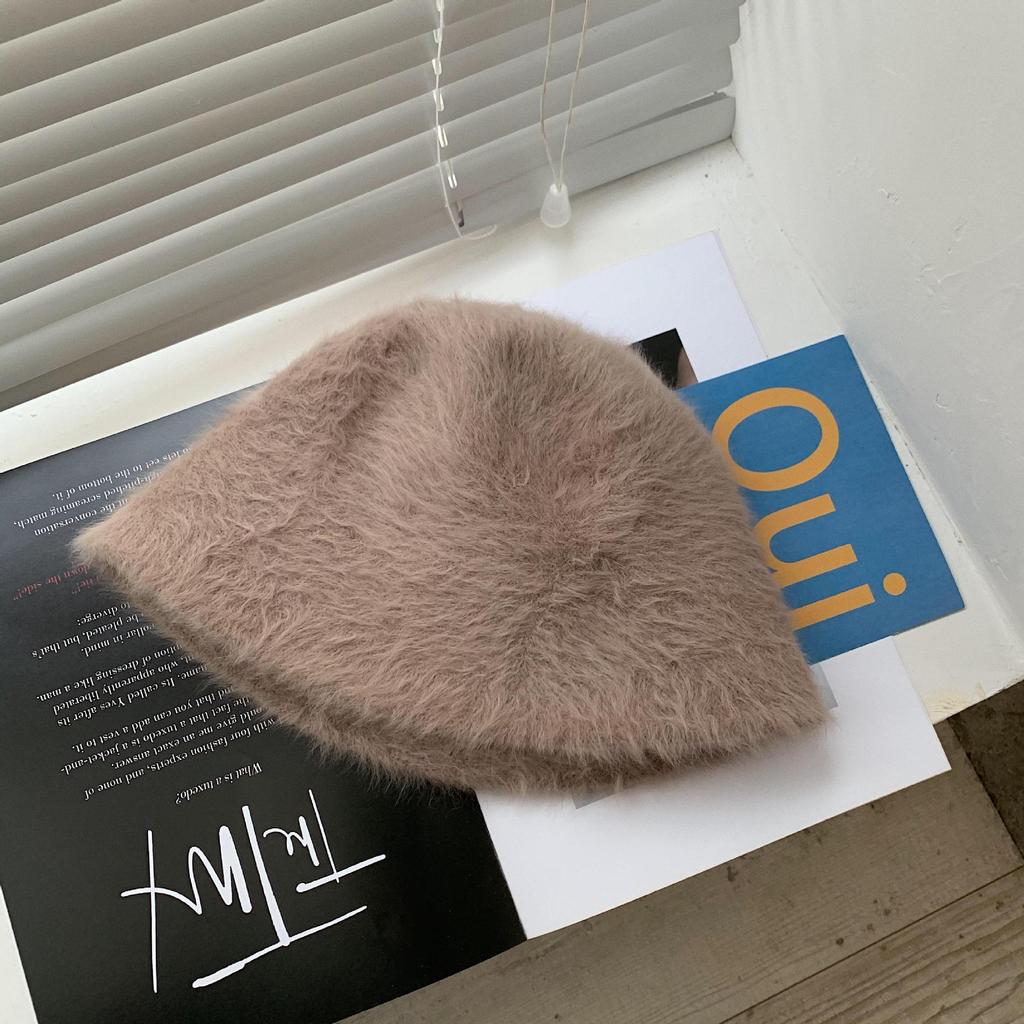 Hat Black Knitted Plush Fisherman Hat Women's Autumn and Winter Korean Style Big Head Bucket Hat Japanese Versatile Showing Small Face