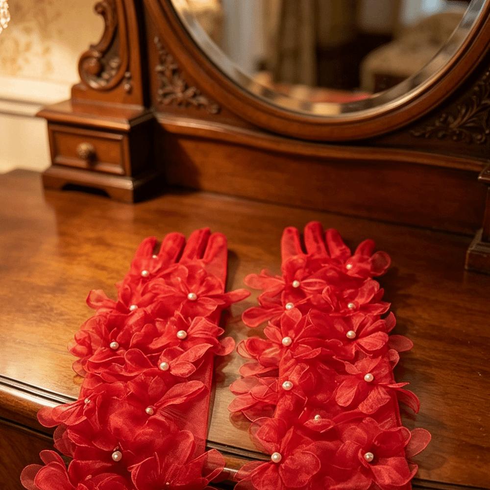 Pearl Three-Dimensional Floral Gloves Elegant Bridal Gown Accessories  Wedding Adornments