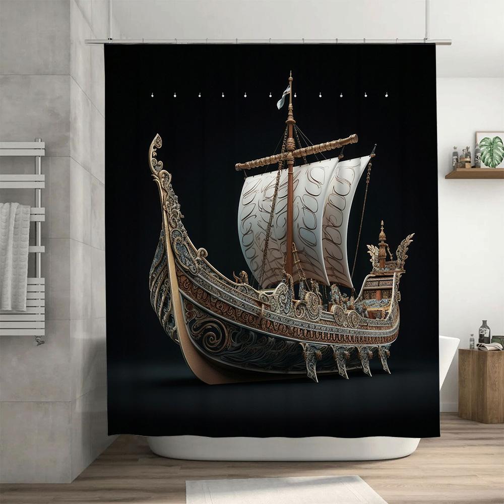 Viking Boat Shower Curtain Decorative Nautical Theme For Bathroom Black Background With White Sail Size 69X70 Inches Ships World