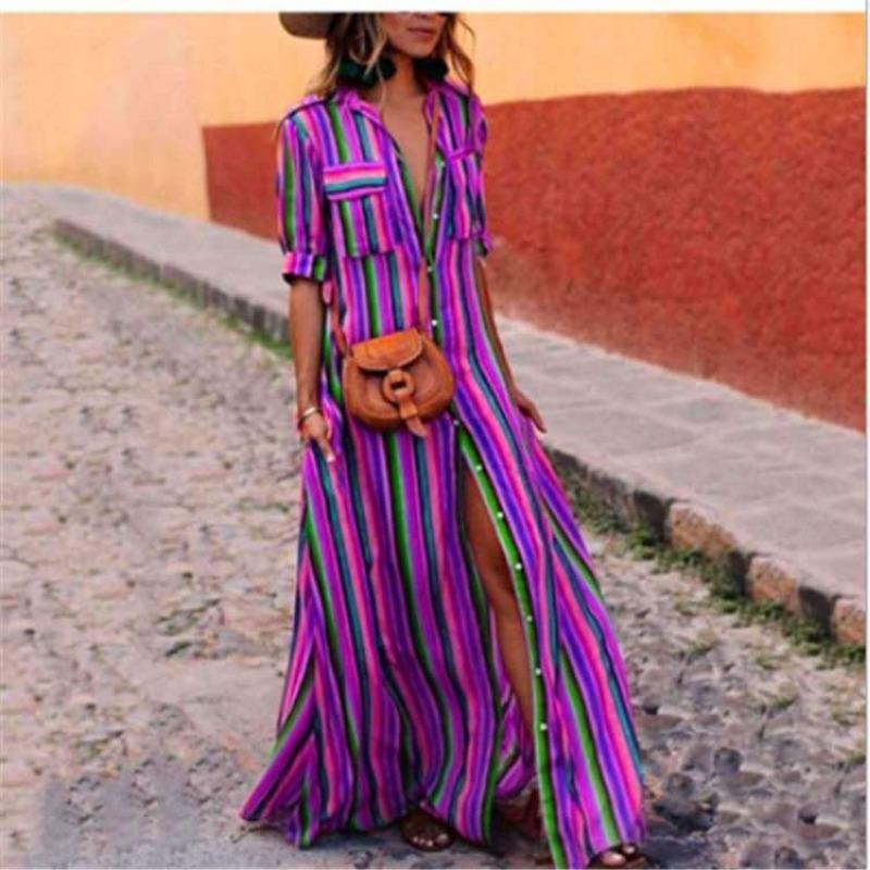 Women's Striped Print Patchwork Short Sleeve Single-breasted Floor-length Dress