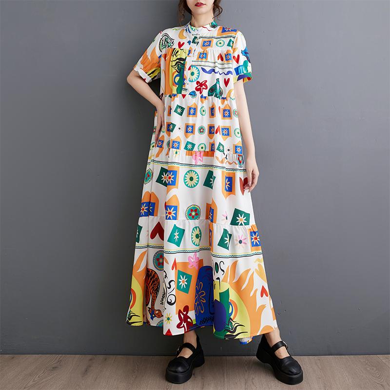 DIMANAF 2026 Estate Nuova Taglia Forte Donna Casual Stampa Scollo a O Manica Corta Bottoni Camicia Vestito Abbigliamento da Spiaggia