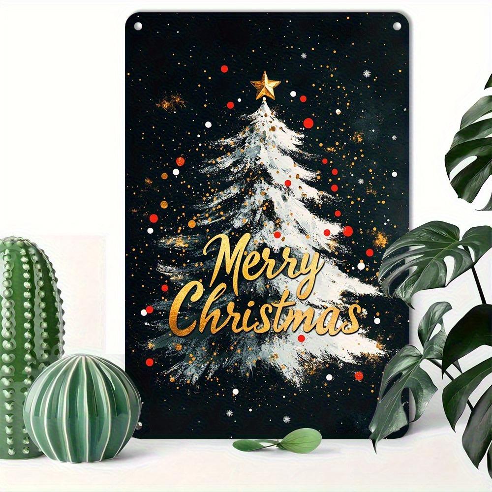 Vintage Merry Christmas Aluminum Sign 12x8 Inch - Gold Letter Red Decor Snowflake Wall Art for Room Bar Cafe Garage Reusable Hol