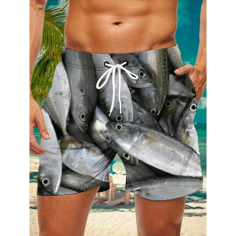 3d Seafood Print Men's Swimsuit Japanese Fish Hawaiian Shorts Men Summer Swim Shorts Drawstring Casual Shorts
