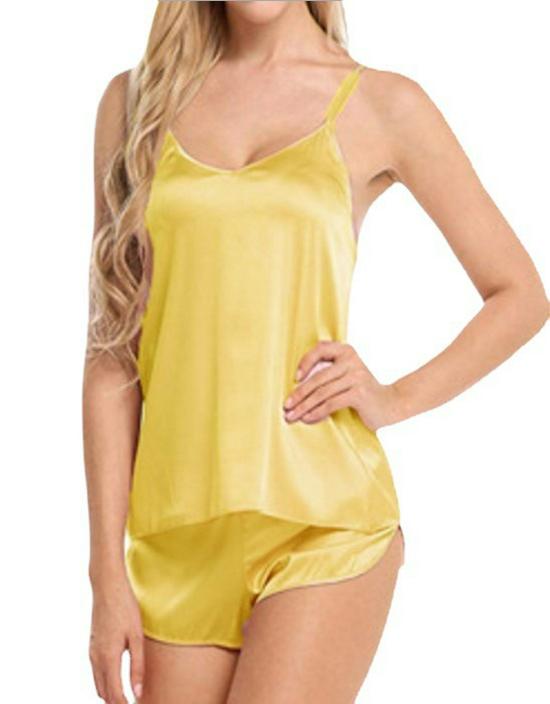 Sexy Satin Women's V-Neck Lace Pajama Set: Sleeveless Camisole & Shorts for Home Wear