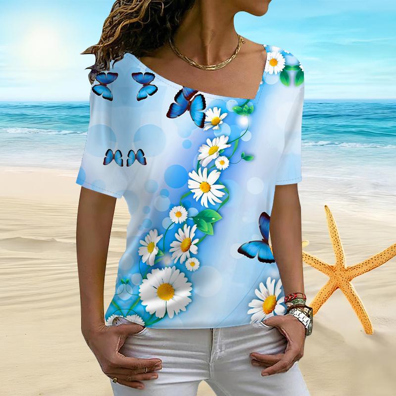 

Женская летняя женская футболка с 3D принтом ромашки, нерегулярным воротником и короткими рукавами