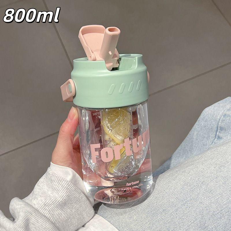 

600/800Ml Large Capacity Sports Water Bottle With Hidden Straw Portable Sealed Leak-Proof Plastic Cup Outdoor Travel Camping 800ml зелений