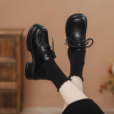 2025 Autumn Retro Black Women's Square Toe Lace-up Thick Sole Height-Boost British Style Small Leather Shoes