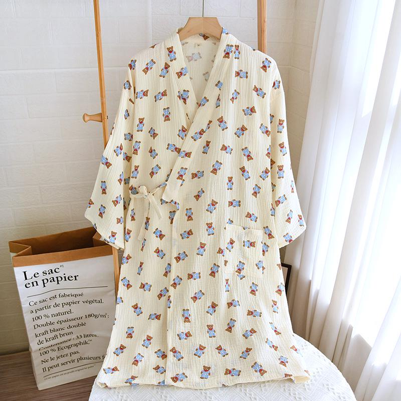 

Женская крепдешиновая ночная рубашка кимоно из двойной марли 2023 - С длинным рукавом, свободного кроя, домашняя одежда, халат Large