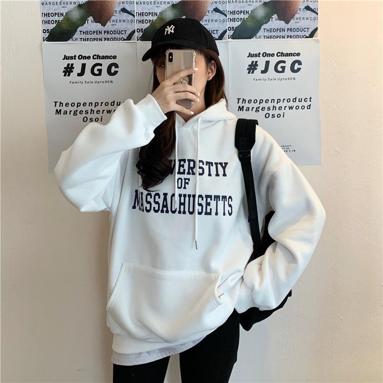 Women Warm Soft Hoodies Padded Sweater Female College Style Loose Medium-length Letters Printed Casual Wildcard Retro Simple Literary Long-sleeved
