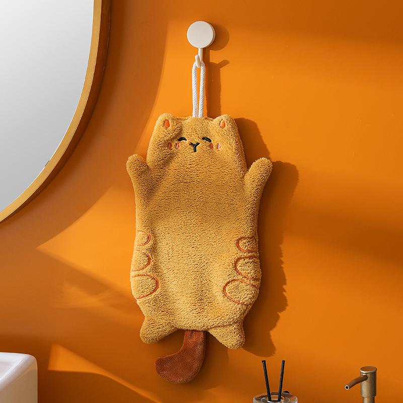 Cute Kitten Coral Fleece Hand Towel: Absorbent, Quick-Drying, Dual-Use, Hanging Kitchen Towel.