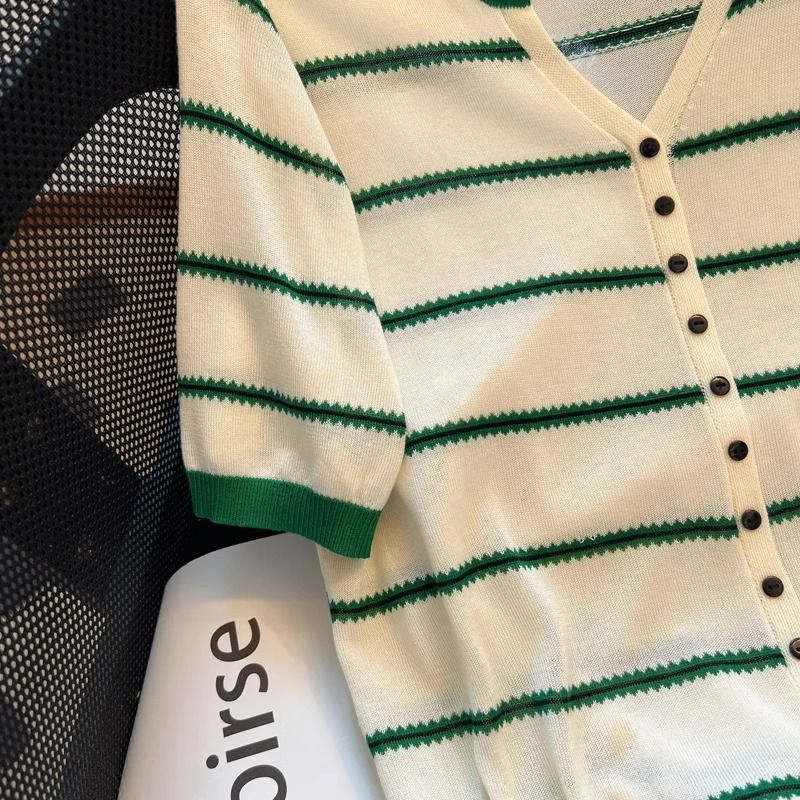 New Striped V-neck T-shirt for Women's Short-sleeved Summer Fashionable Ice Silk Sweater Top