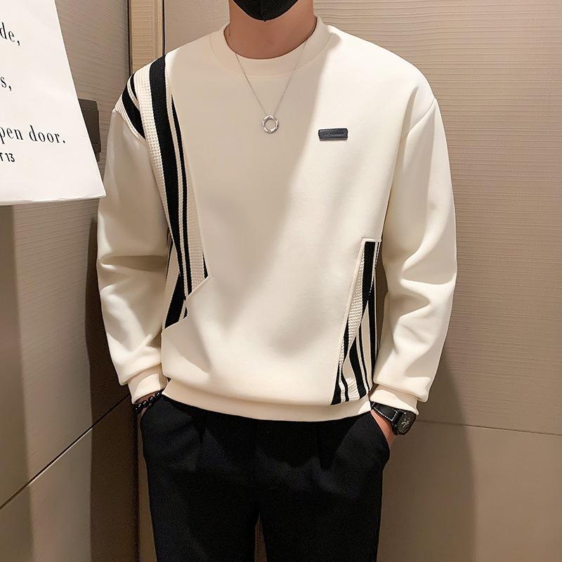 

Men s Crew Neck Sweatshirt Autumn Winter New Casual Long Sleeve Striped Patchwork Pullover Tops M белый
