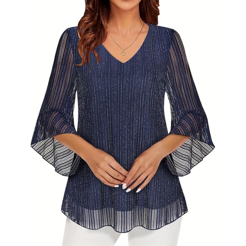 Women Elegant Silver Thread Inlaid Elastic Mesh Spliced Double Layer V Neck Flared Sleeve Blouse