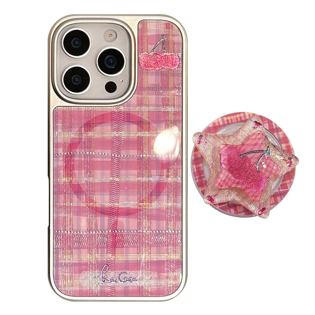 Gilded Mobile Phone Case Apple 16promax Red Check Cherry Iphone15 Electroplating 14 Suitable for Sweet Cool 11 Huawei