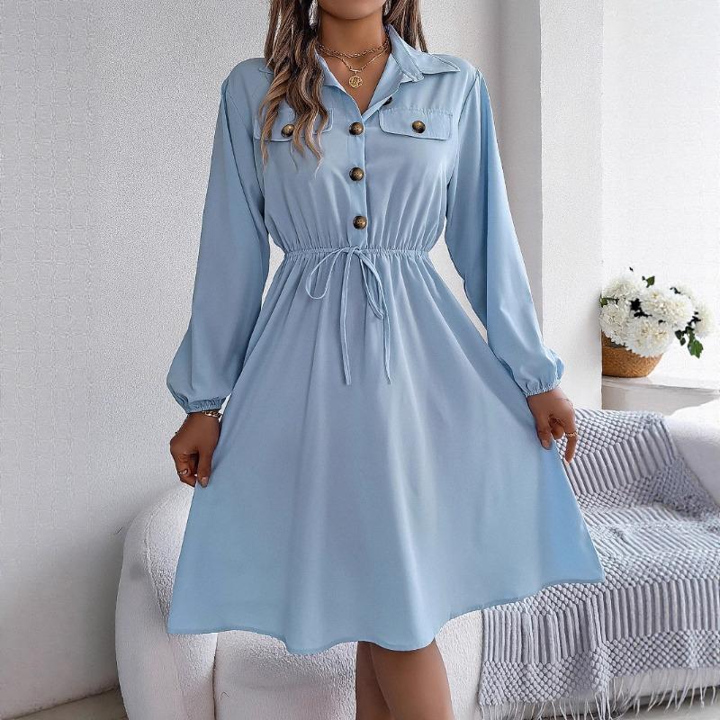 Casual Lace Up Waist Long Sleeve Solid A Line Shirt Dress For Women