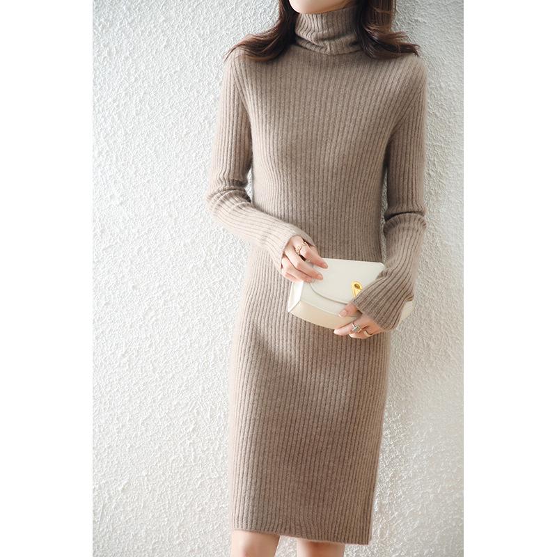 2022 Autumn/Winter Wool Slim Fit Striped A-Line Dress with Pile Collar for Women, Medium Length