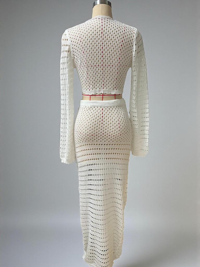 2026 Women's Beach Resort Knit Long Sleeve Top & Skirt Set - European American Style