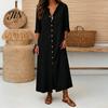 Casual Jurk voor Dames Zomerse Knopen Lange Jurk, Losse V-hals Tunique voor Dagelijks Gebruik Opgerolde Mouwen Vakantie Loungewear Middellang