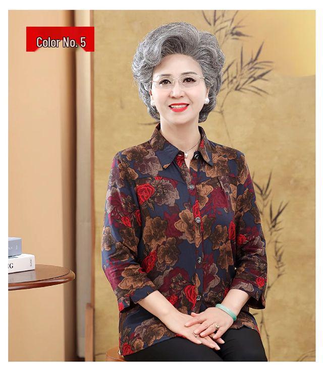 Summer Cotton Silk Cardigan for Elderly Women, 70s Grandma Seven-Sleeve Top Shirt