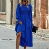 Women O Neck Puff Sleeve Solid Color High Waist Temperament Midi Swing Dress