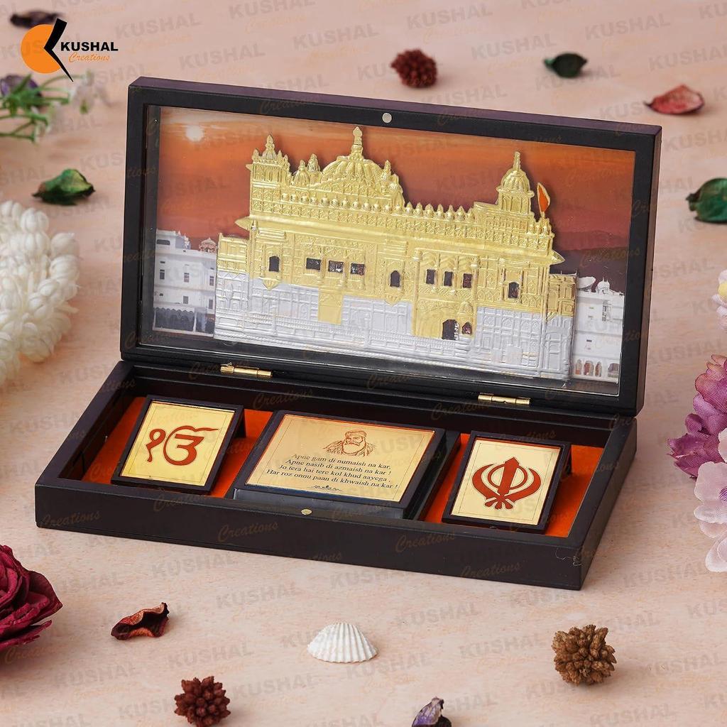 24K Gold Plated Religious Frame Rectangular Photo Frame Tabletop with Charan Paduka Return Gifts for Home Puja Office (GOLDEN TEMPALE)