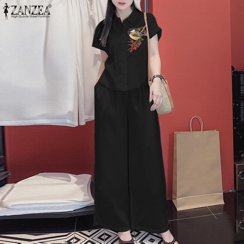 ZANZEA Women Short Sleeve Print Blouse and Pants Casual Two Piece Suit Sets